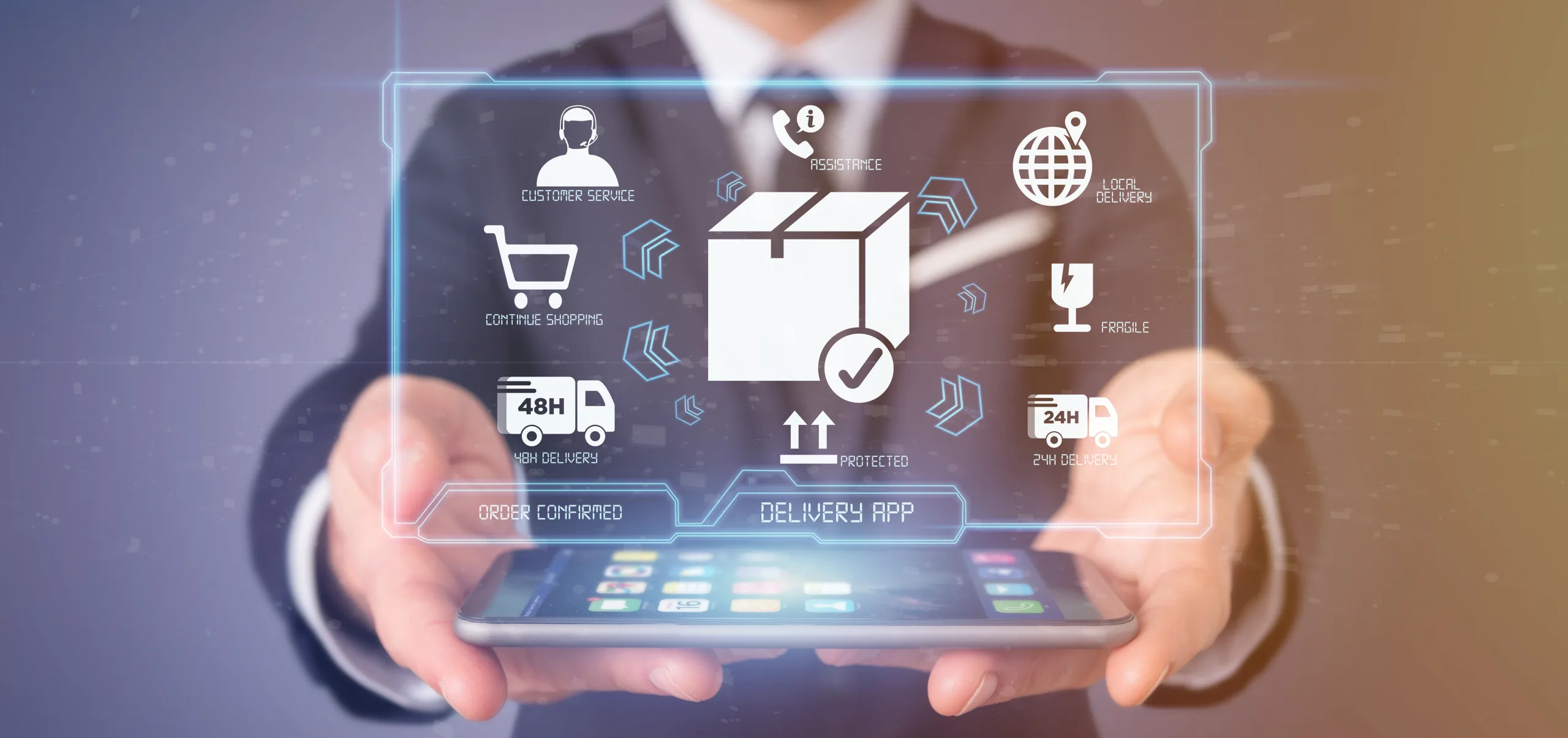 Businessman holding a logistic delivery application screen 3d re 物流配送 Order delivery ePlus